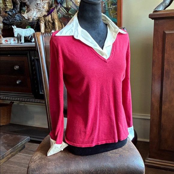 Jaclyn Smith Tops - Jaclyn Smith Burgundy Red Sweater with Cream Collar and Pearl Buttons Sz S GUC